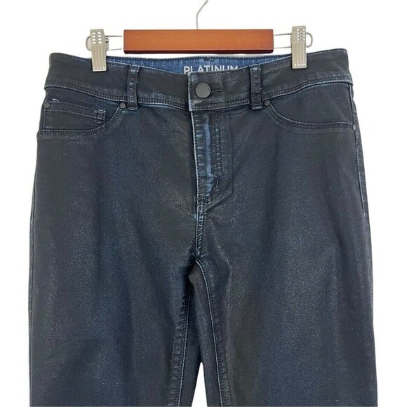 Chicos Platinum Coated Skinny Jeans Size 00 Womens 2 Black Waxed Denim - Picture 2 of 5